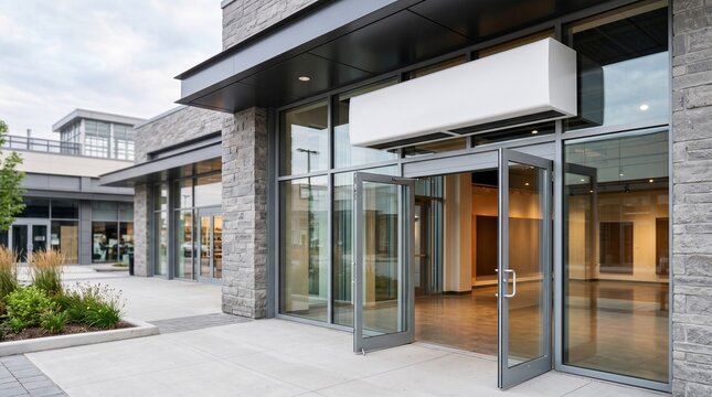 Modern commercial building entrance, open glass doors, stone facade, blank sign, air curtain unit.