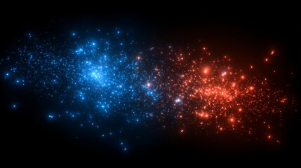 Fototapeta premium A vibrant digital illustration depicting contrasting galaxy populations, showcasing a stunning interplay of blue and red nebulae filled with shimmering stars against a deep black backdrop, evoking a s