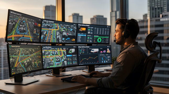 Logistics planner monitoring AI optimized delivery routes for smart urban transportation management