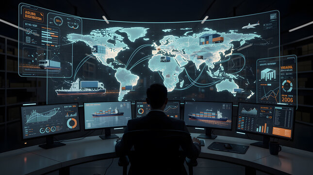AI powered logistics manager monitoring global inventory distribution through advanced digital systems