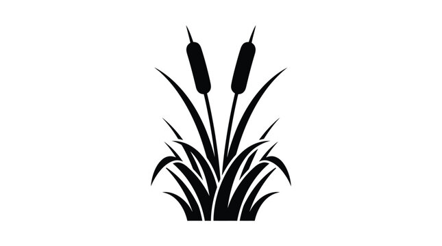 Black silhouette vector illustration of cattail reeds and grassy marsh plants designed as a flat minimal graphic for nature icons