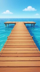 Fototapeta premium Wooden pier extends into calm blue ocean water under clear sky with white clouds. Cartoon style illustration shows long dock leading to horizon. Peaceful summer landscape for travel, vacation