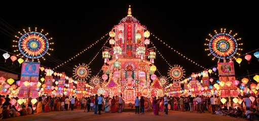 Naklejka premium During a lively Indian festival, a decorated divine chariot shines with glowing lanterns and colorful ornaments.