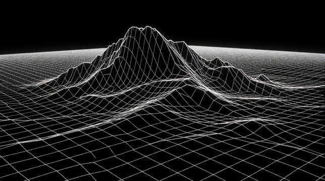 Abstract 3D wireframe mountain landscape with white grid lines on black background. Digital terrain topography mesh shows geometric peaks, valleys. Mathematical surface visualization used for tech