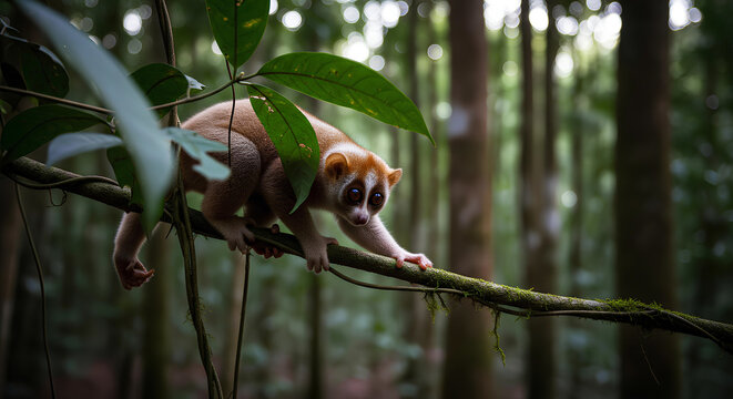 Slow Loris Crawling on Thin Vine in Dark Rainforest Canopy