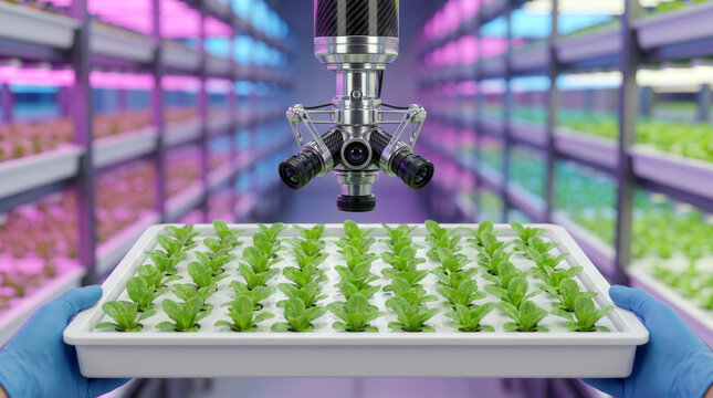 Precision imaging system evaluates lettuce seedlings in hydroponic trays within a controlled indoor vertical farming environment.
