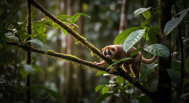 Slow loris climbing mossy tree branches in dense tropical rainforest