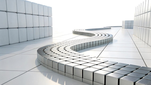 Abstract metal block path on white surface