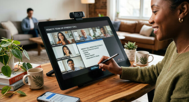 Independent worker sharing collaboration notes during a connected hybrid team call.