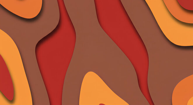 Vibrant abstract paper cut background featuring layered organic fluid shapes in warm terracotta orange and burgundy tones