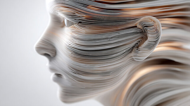 Mental health concept featuring an abstract human head filled with layered books and flowing lines, symbolizing thoughts, memory, psychology, cognition, knowledge, and emotional complexity.