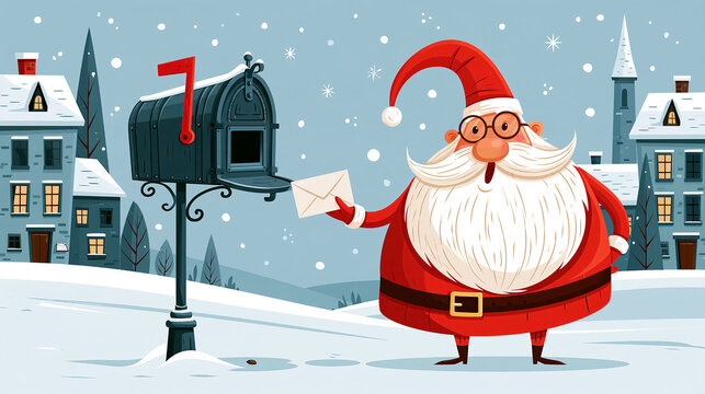 Funny cartoon Santa Claus puts an envelope in the mailbox, winter village
