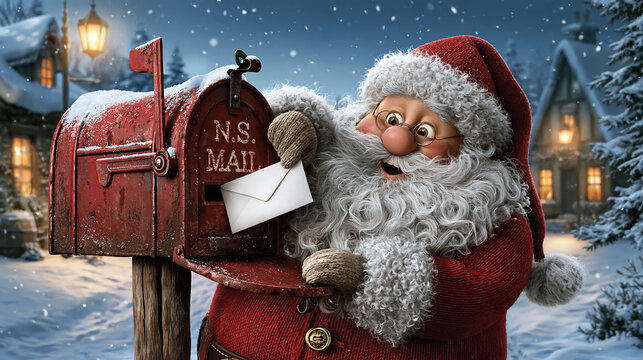 Funny cartoon Santa Claus puts an envelope in the mailbox, winter village