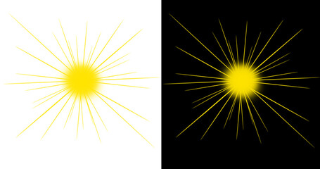 Fototapeta premium Yellow sunburst graphic element with radiating light rays isolated