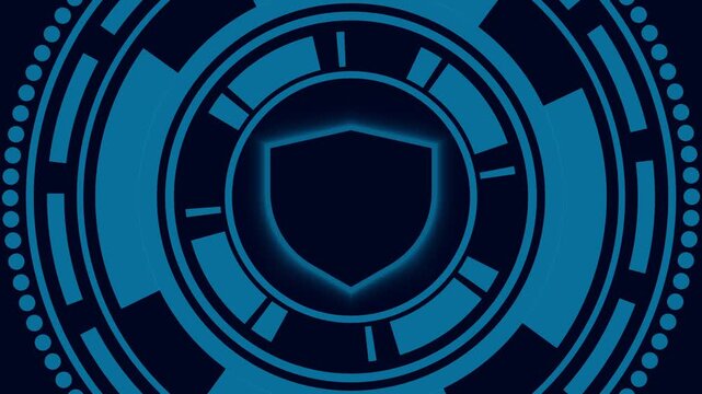 Blue digital shield icon inside a circular technology interface, representing cybersecurity, data protection, secure networks, privacy, and online defense.
