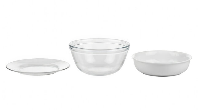 Clear glass bowls and white ceramic plate isolated on transparent background for kitchen dinnerware set photography design.