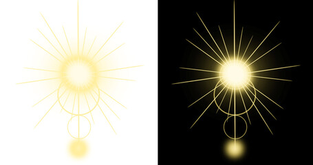 Fototapeta premium Golden starburst light effect with geometric rings isolated on white