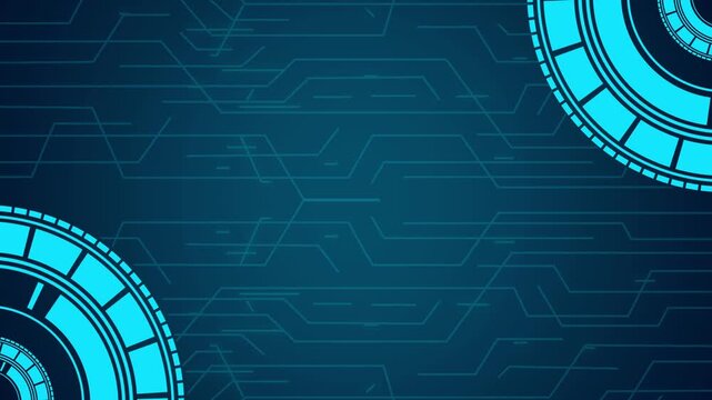 Dark blue technology background with glowing cyan circular interface elements in two corners and fine circuit-style lines across the center.