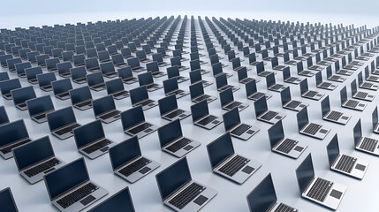 Fototapeta premium Array of open laptops lined up on white background, 3d rendering, global network technology concept