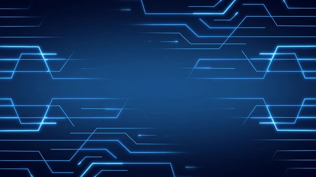 Dark blue technology background with glowing neon circuit lines and geometric paths, creating a modern digital network design with copy space.