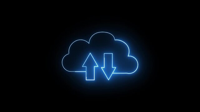 Glowing blue cloud outline with upload and download arrows on a dark black background, representing cloud storage, file transfer and online data backup.