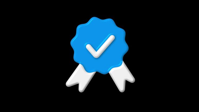 Blue award badge with a white check mark and silver ribbon tails, isolated on a black background.