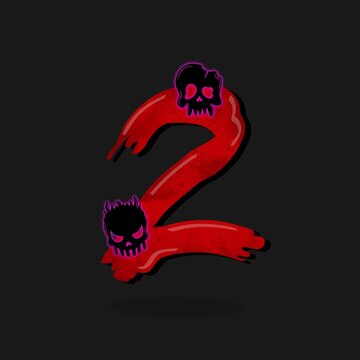Cartoon Halloween numbers, evil type, funny scary typeface, spooky red monster numbers. Vector Halloween numbers with Halloween holiday horror skull 