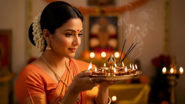 Indian woman holding a lit diya lamp on a metal tray for Ganesh Chaturthi ritual. Devotee performing deepam prayer with incense smoke in a traditional temple.