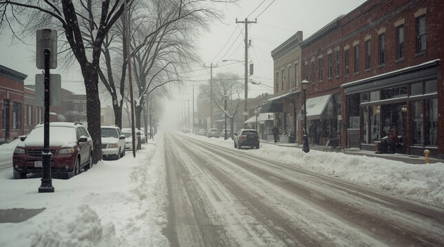 Town Street Covered in Snow After Severe Blizzard, Extreme Weather Series