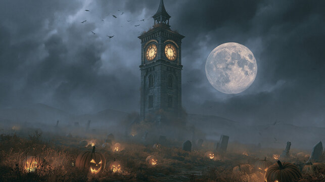 Clock tower stands in an eerie pumpkin field beneath a large full moon.