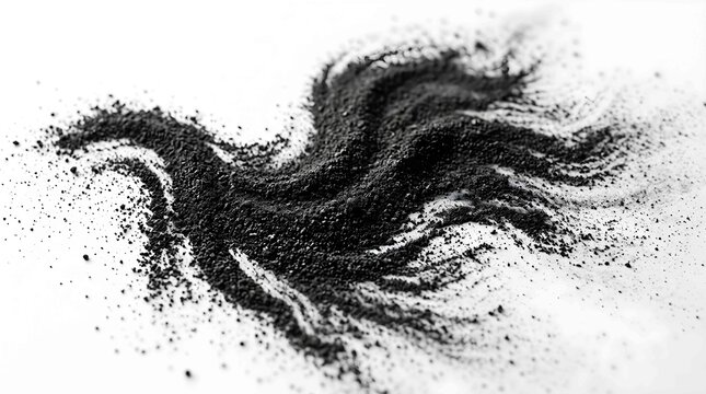 Black powder scattered on white surface creating dynamic wave shapes