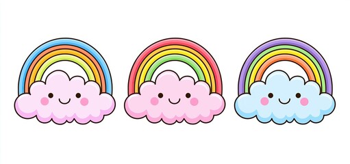 Obraz premium Cheerful pastel clouds with smiling faces and vibrant rainbows on a bright, playful background.
