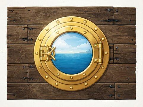 A brass porthole window mounted on a weathered wooden ship bulkhead, revealing a view of a calm blue ocean with a distant vessel under a cloudy sky.