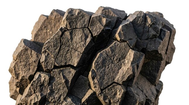 Rough volcanic basalt rock formation with hexagonal fractured texture