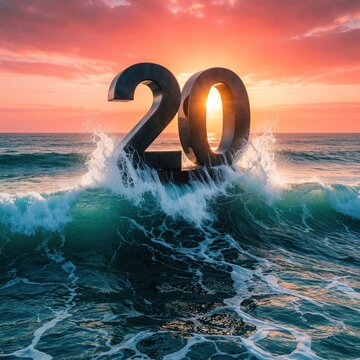 Large number 20 sculpture emerges from ocean wave at sunset. Dramatic sky with orange and purple clouds contrasts with dynamic sea motion. Sun shines through numeral.