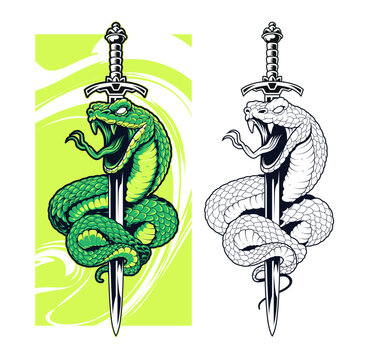 Tattoo Style Vector Snake With Sword, Color and Monochrome Isolated On White