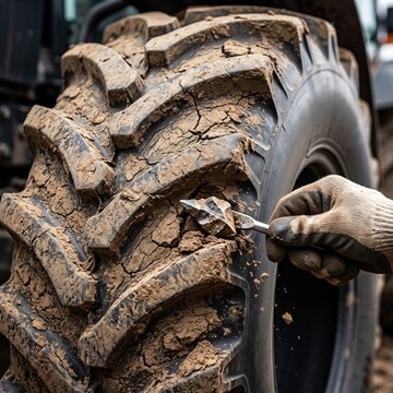 Mechanic repairing a muddy heavy duty tractor tire with a sharp tool