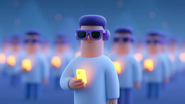 Cartoonish stylized character with sunglasses standing in a crowd of identical people, all hypnotized and illuminated by their glowing mobile phones, representing social media addiction