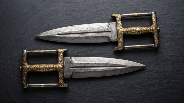 Pair of antique Indian katar push daggers with gold inlay floral decorations and damascus steel blades laid on dark slate top view