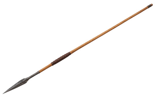 Ancient Greek javelin replica with wooden shaft and sharpened metal point isolated on transparency background
