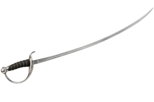Classical fencing sabre with curved blade, protective knuckle guard, and traditional grip displayed on transparency background