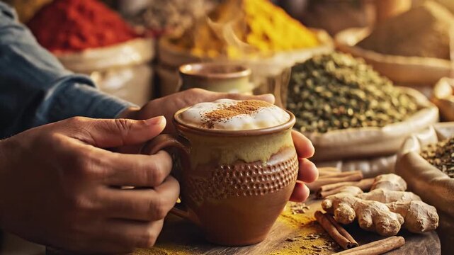 Hands Holding Clay Cup with Spices.