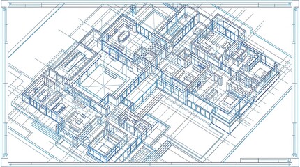 Fototapeta premium Detailed architectural blueprint of a modern building showing structural floor plans and isometric design details