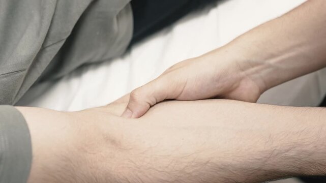 Physical therapist performing forearm massage and musculoskeletal assessment