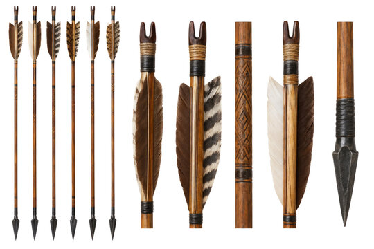 Traditional wooden arrow set with feather fletching, carved shafts, leather grip, and metal arrowhead arranged vertically