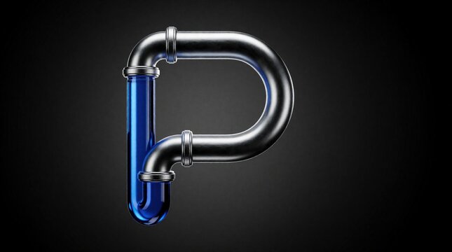 Abstract letter P design made of metallic pipes, blue water. Industrial plumbing concept with chrome steel tubes, liquid flowing through transparent section. Modern logo icon for engineering, water