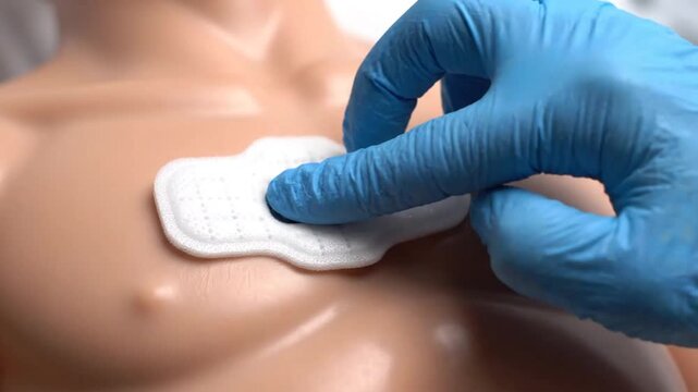 Close up of a gloved hand applying a medical monitoring patch to a clinical simulation mannequin chest for medical education.
