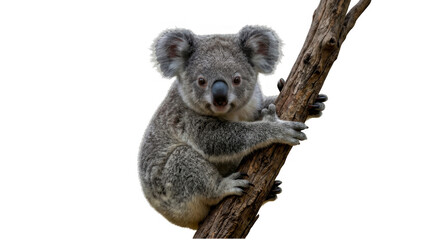 Cute fluffy koala bear sitting on a tree branch looking at the camera isolated on transparent background © Designer