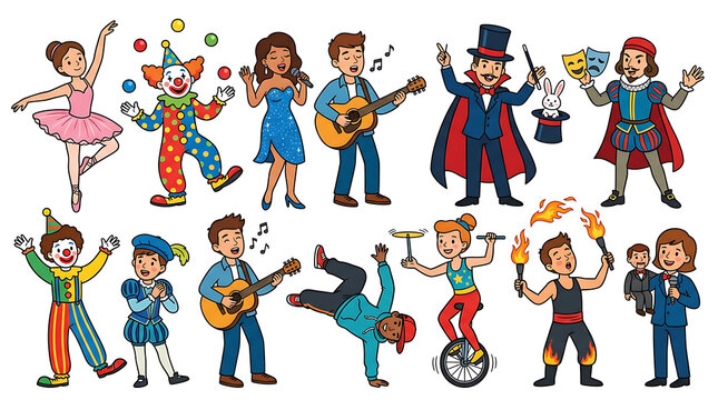 Circus performers and entertainers in a vibrant cartoon illustration.