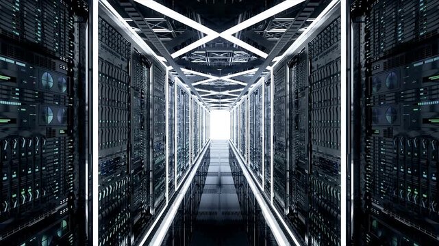 Data center server room racks with flashing blue neon led lights, wide angle symmetry view of futuristic cloud computing infrastructure mainframe supercomputer corridor 3d render loop animation